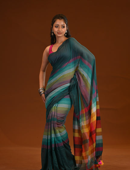 Teal Multicolour Stripe Mulmul Saree