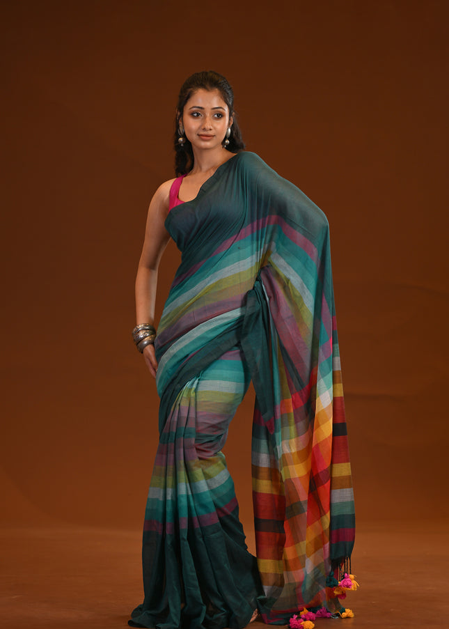 Teal Multicolour Stripe Mulmul Saree
