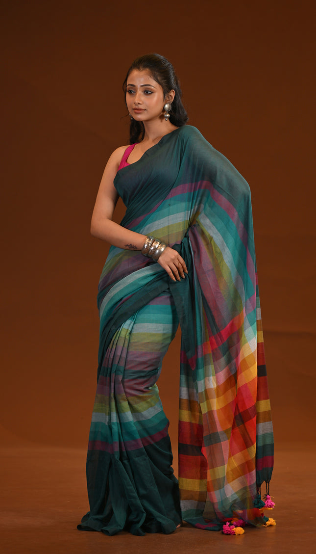 Teal Multicolour Stripe Mulmul Saree