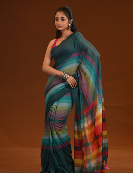 Teal Multicolour Stripe Mulmul Saree