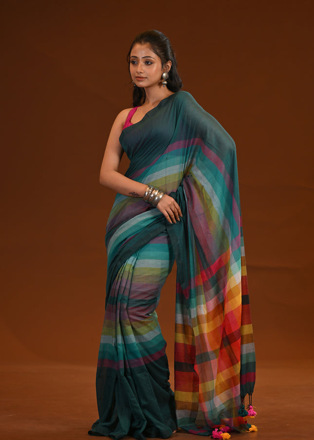 Teal Multicolour Stripe Mulmul Saree