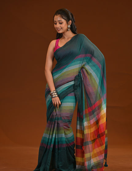 Teal Multicolour Stripe Mulmul Saree