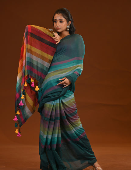Teal Multicolour Stripe Mulmul Saree