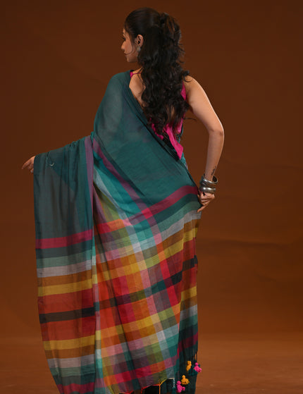 Teal Multicolour Stripe Mulmul Saree