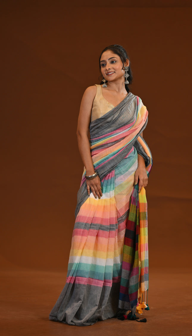 Rainbow Multicolour Mulmul Cotton Saree With Tassels