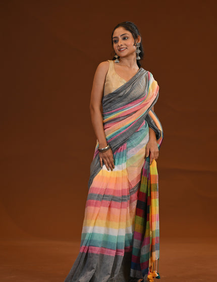 Rainbow Multicolour Mulmul Cotton Saree With Tassels