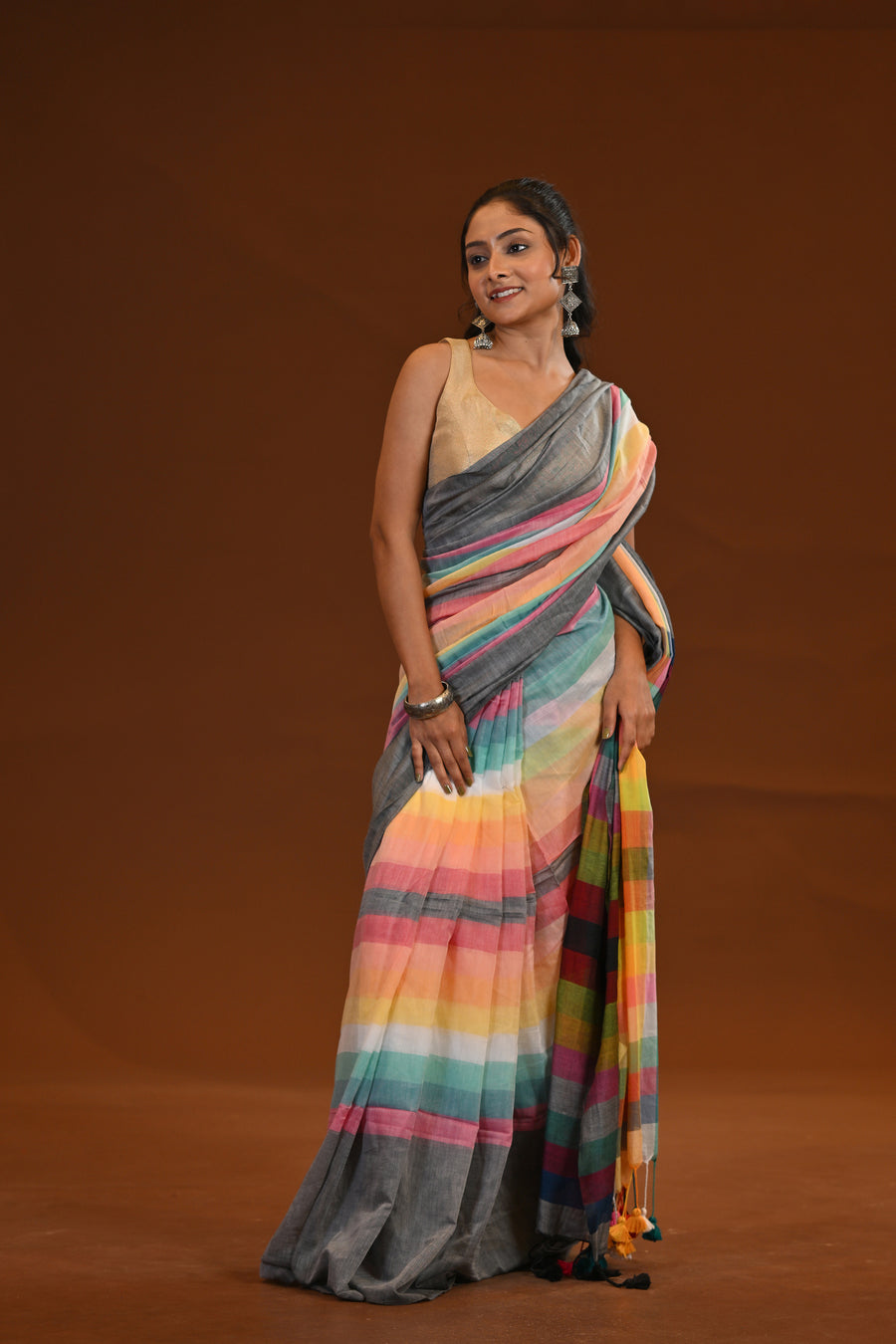 Rainbow Multicolour Mulmul Cotton Saree With Tassels