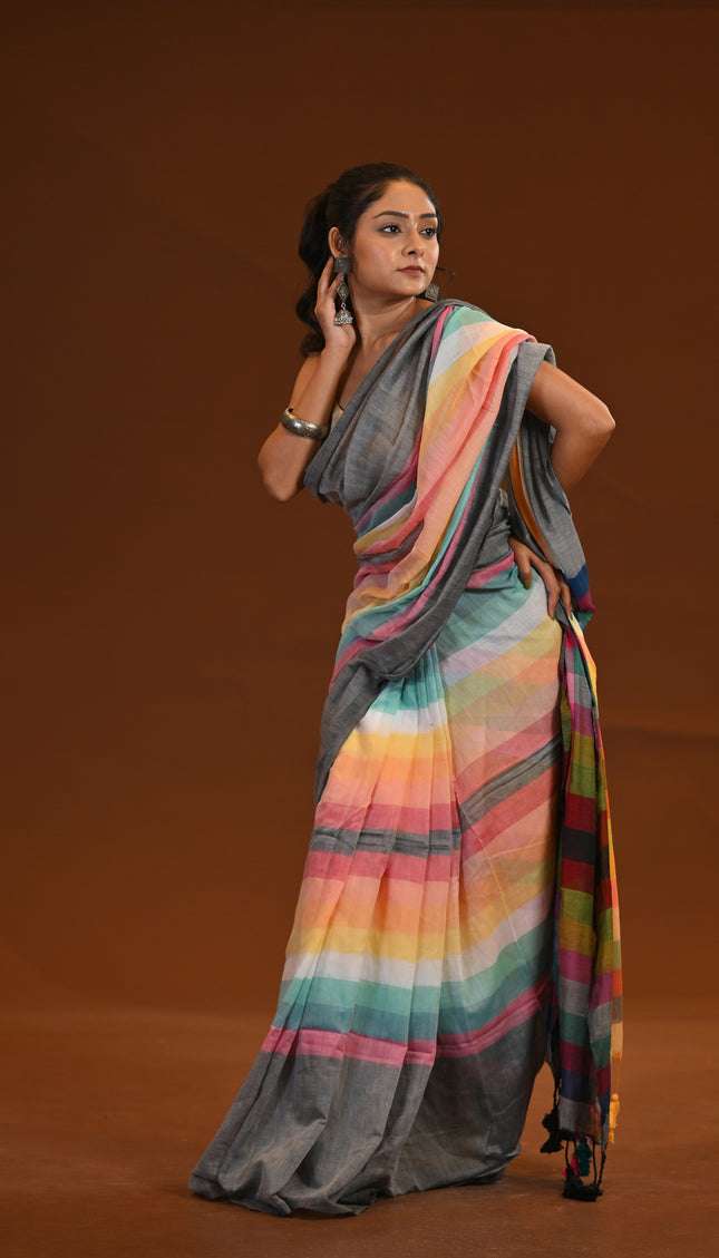 Rainbow Multicolour Mulmul Cotton Saree With Tassels