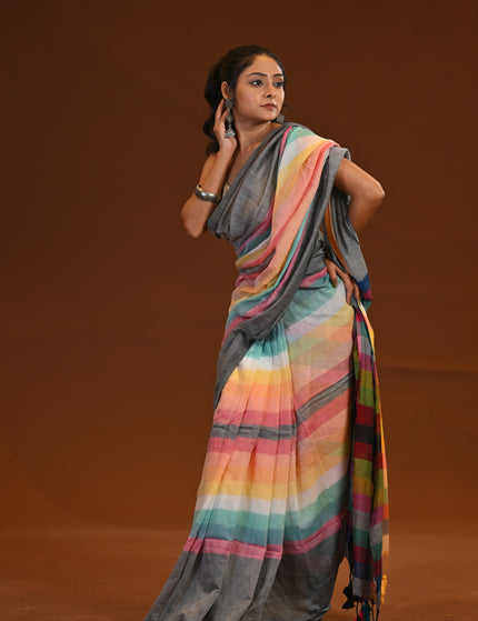 Rainbow Multicolour Mulmul Cotton Saree With Tassels