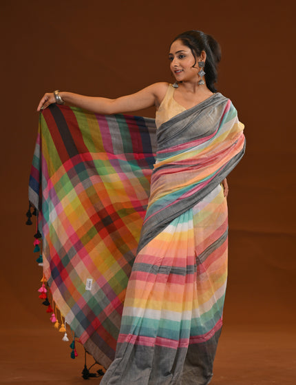 Rainbow Multicolour Mulmul Cotton Saree With Tassels