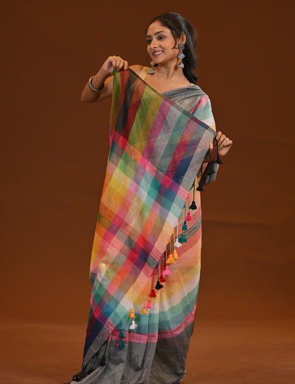 Rainbow Multicolour Mulmul Cotton Saree With Tassels