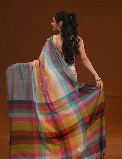 Rainbow Multicolour Mulmul Cotton Saree With Tassels