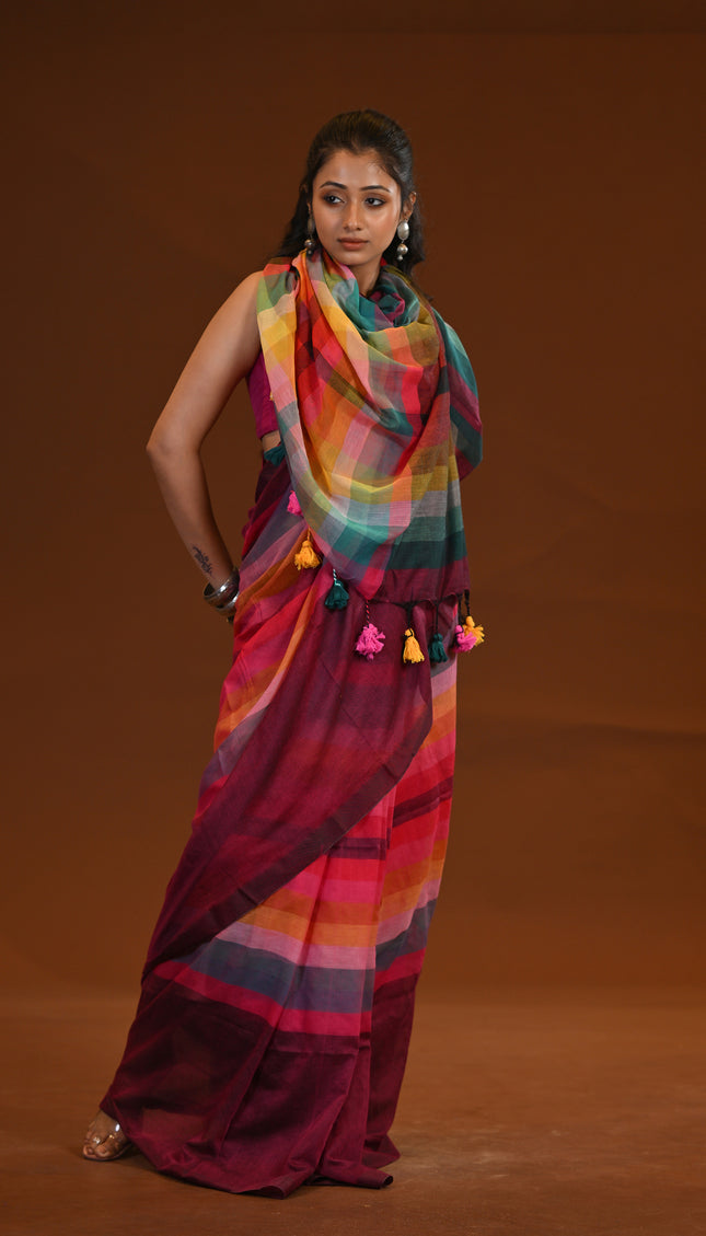 Maroon Rainbow Stripe Mulmul Cotton Saree