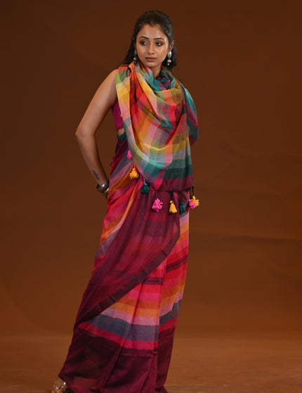 Maroon Rainbow Stripe Mulmul Cotton Saree