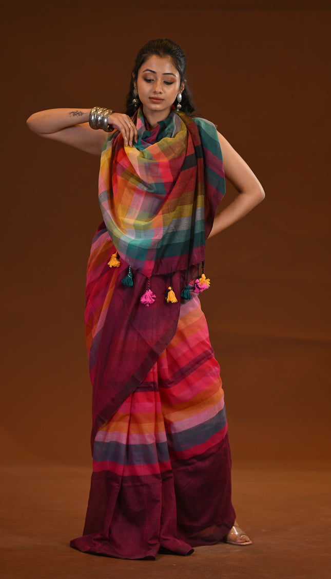 Maroon Rainbow Stripe Mulmul Cotton Saree