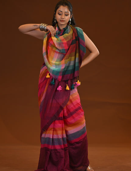 Maroon Rainbow Stripe Mulmul Cotton Saree
