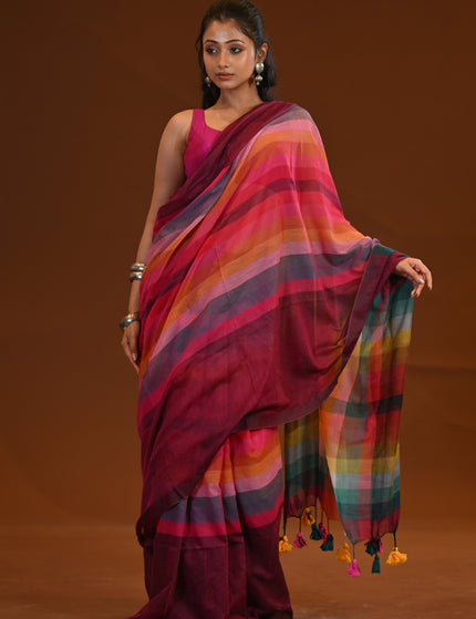 Maroon Rainbow Stripe Mulmul Cotton Saree