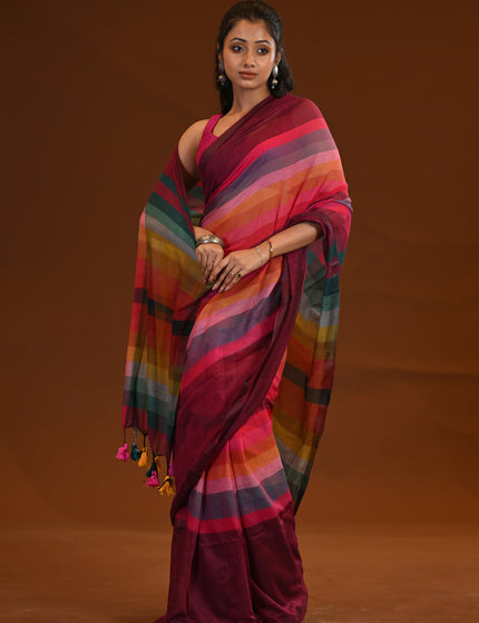 Maroon Rainbow Stripe Mulmul Cotton Saree