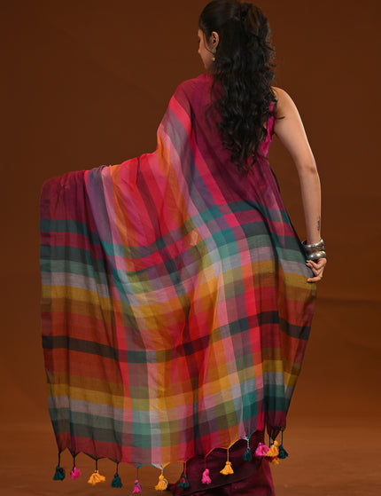 Maroon Rainbow Stripe Mulmul Cotton Saree