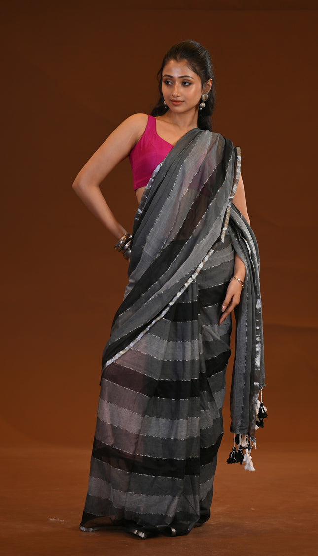 Charcoal Grey Mulmul Cotton Saree With Silver Zari