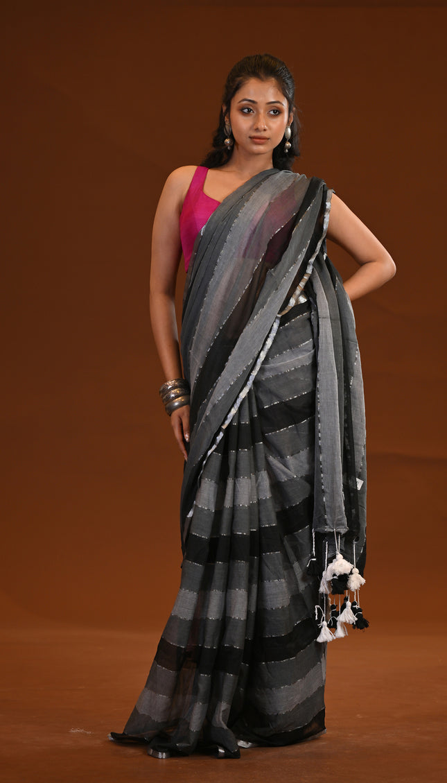 Charcoal Grey Mulmul Cotton Saree With Silver Zari