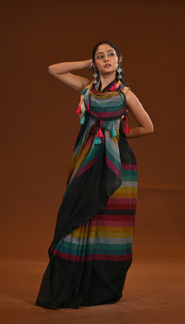 Black Multicolour Stripe Mulmul Cotton Saree