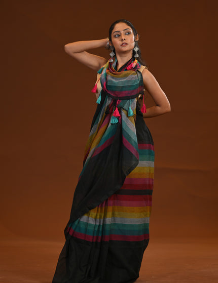 Black Multicolour Stripe Mulmul Cotton Saree