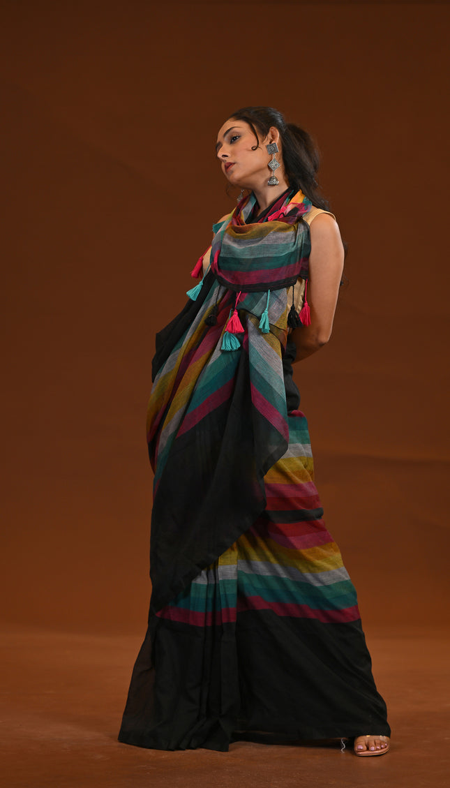 Black Multicolour Stripe Mulmul Cotton Saree