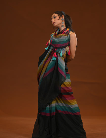 Black Multicolour Stripe Mulmul Cotton Saree