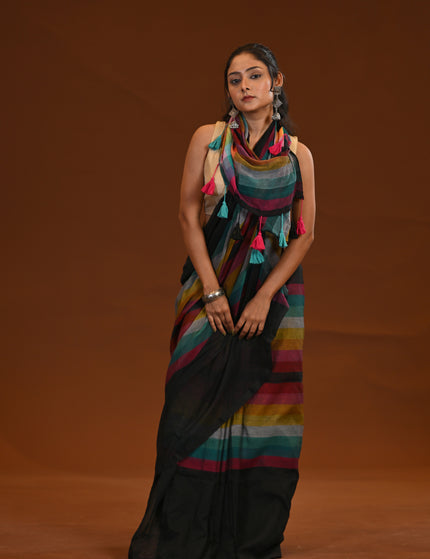 Black Multicolour Stripe Mulmul Cotton Saree