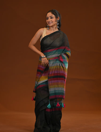 Black Multicolour Stripe Mulmul Cotton Saree