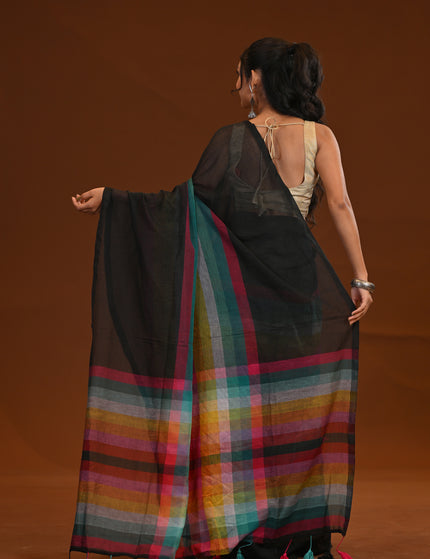 Black Multicolour Stripe Mulmul Cotton Saree