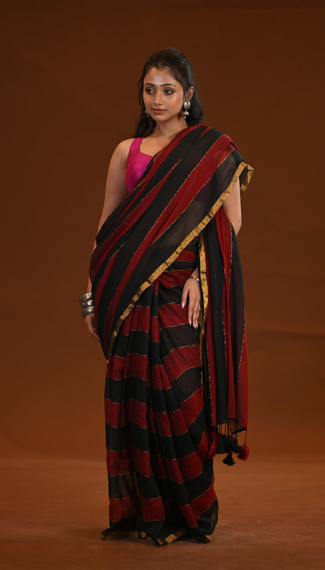 Black & Red Mulmul Cotton Saree