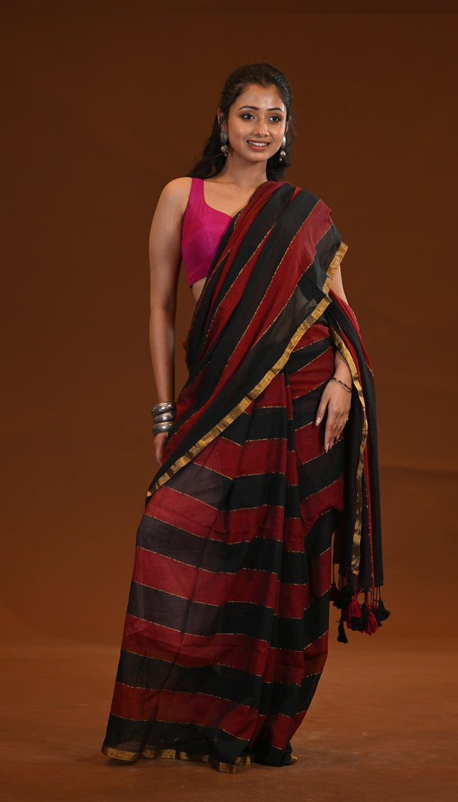 Black & Red Mulmul Cotton Saree