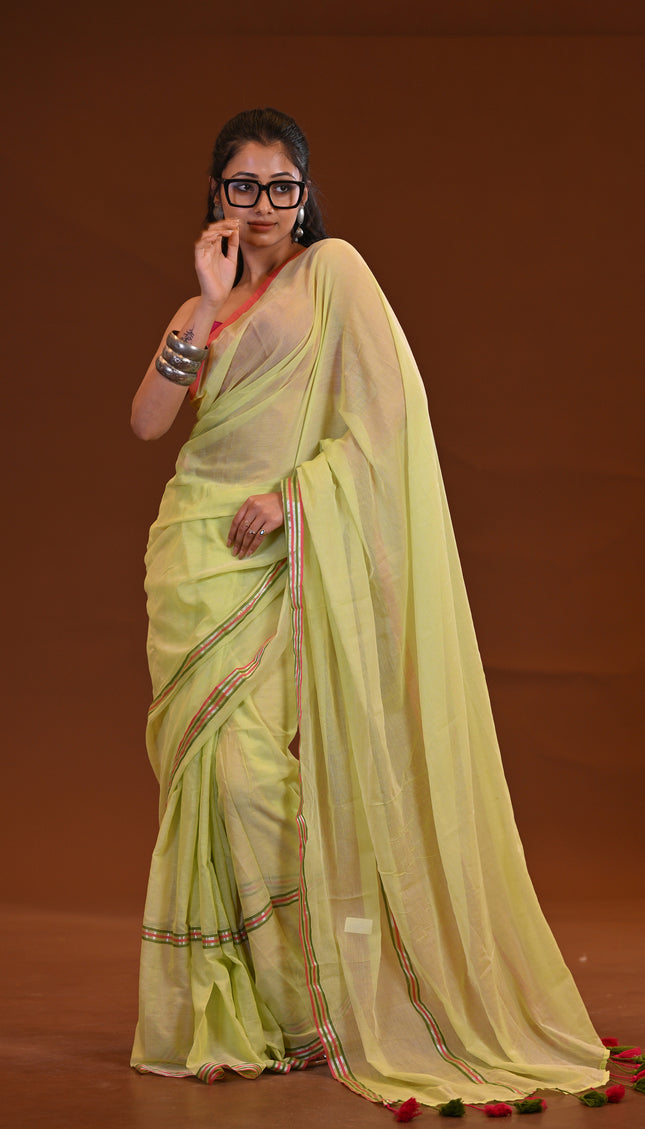 Yellow Mulmul Saree With Dual Tone Border And Tassels