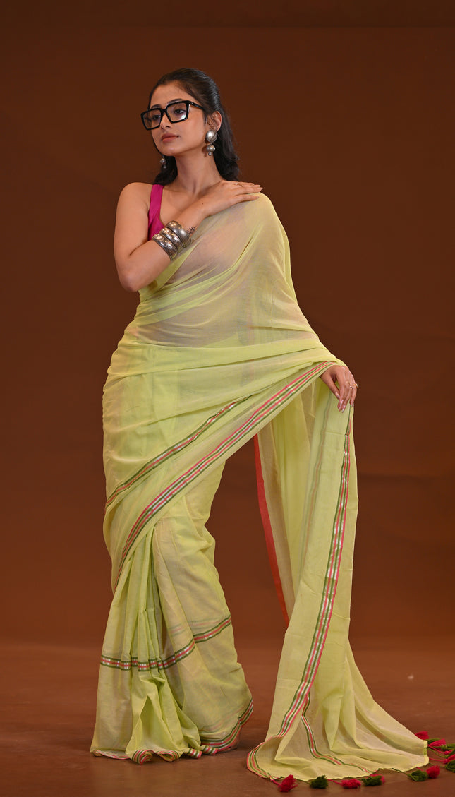 Yellow Mulmul Saree With Dual Tone Border And Tassels