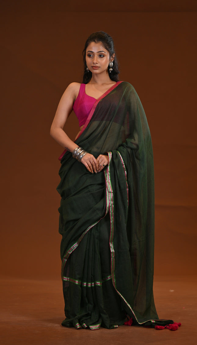 Dark Green Mulmul Cotton Saree