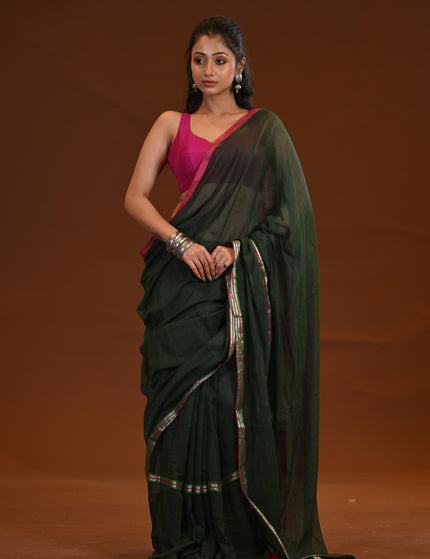 Dark Green Mulmul Cotton Saree