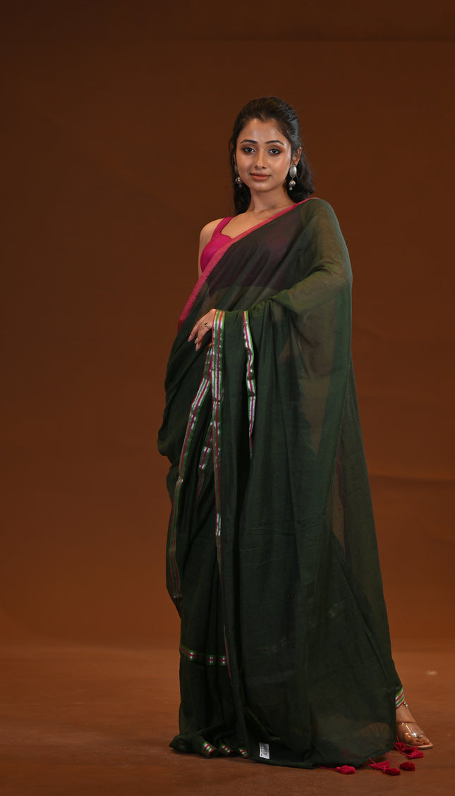Dark Green Mulmul Cotton Saree