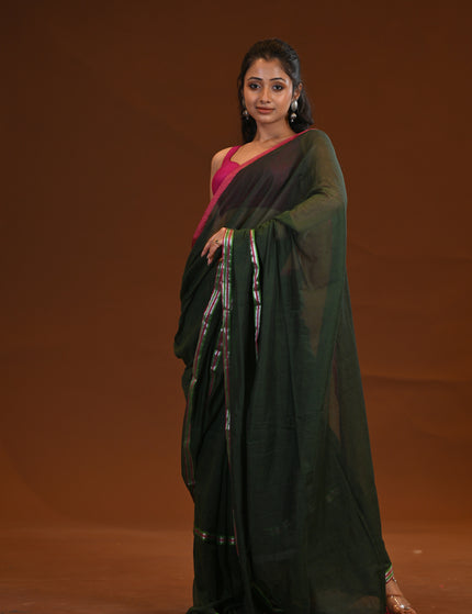 Dark Green Mulmul Cotton Saree