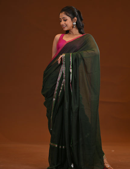 Dark Green Mulmul Cotton Saree