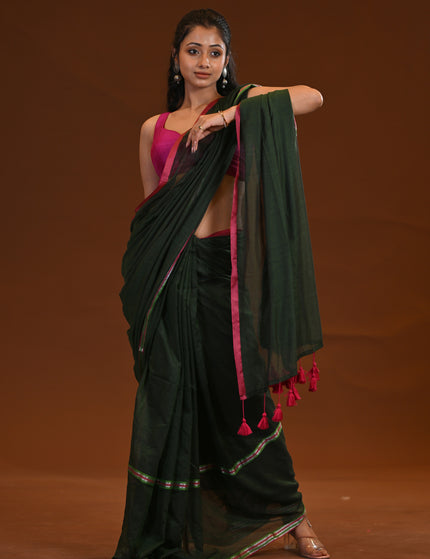 Dark Green Mulmul Cotton Saree