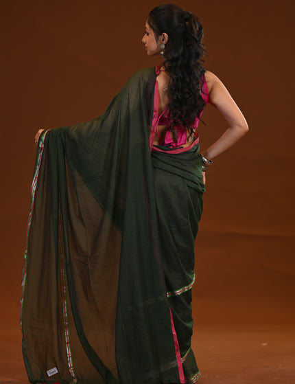 Dark Green Mulmul Cotton Saree