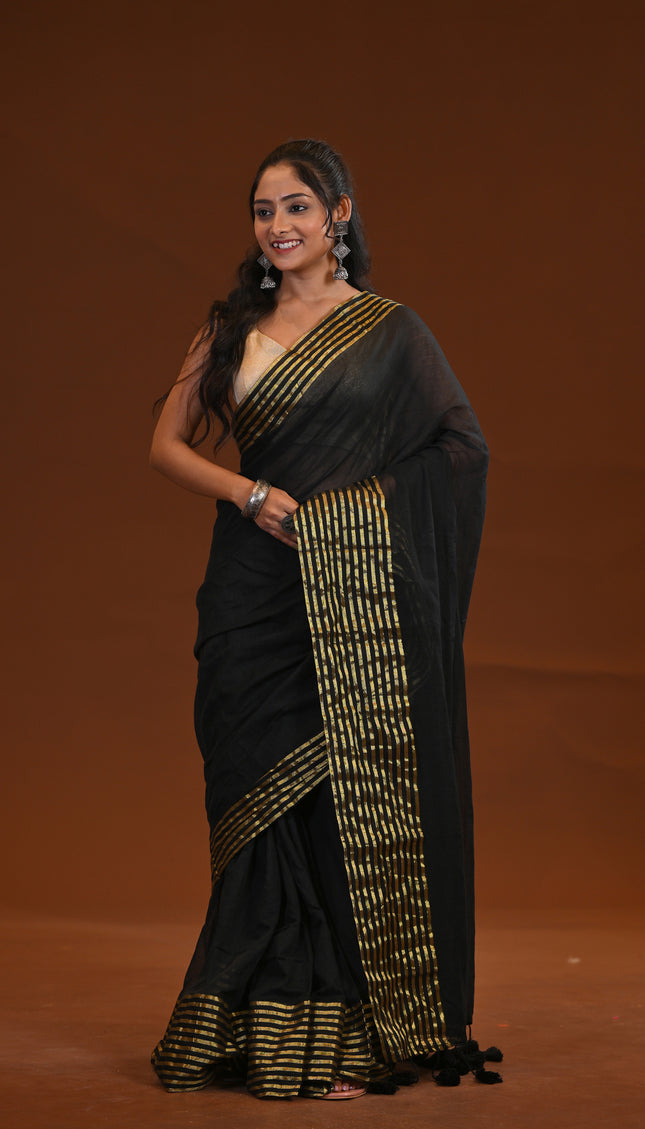 Black Mulmul Cotton Saree With Gold Border
