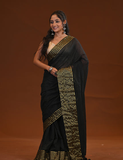 Black Mulmul Cotton Saree With Gold Border