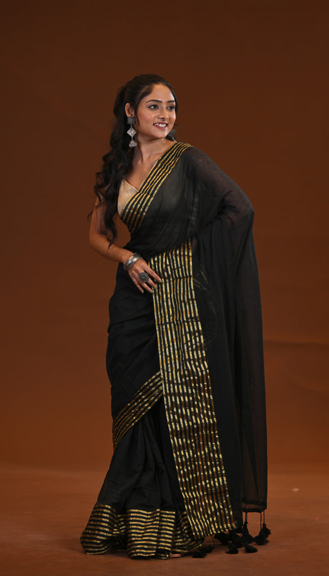 Black Mulmul Cotton Saree With Gold Border