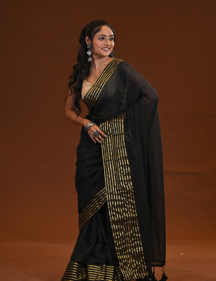 Black Mulmul Cotton Saree With Gold Border
