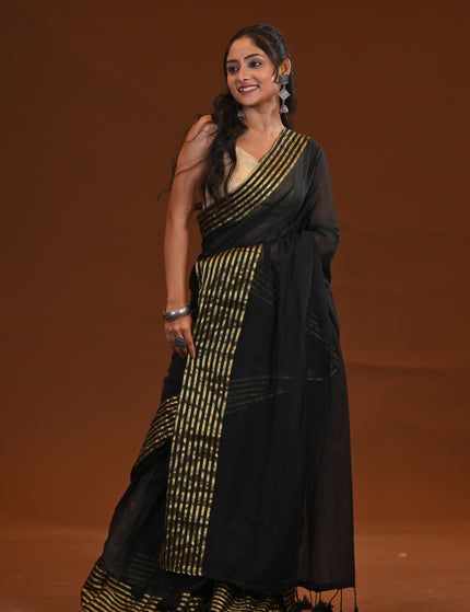 Black Mulmul Cotton Saree With Gold Border