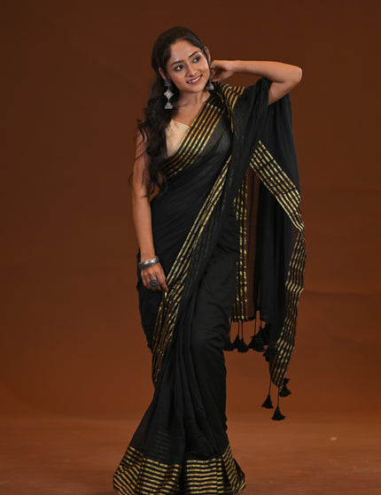 Black Mulmul Cotton Saree With Gold Border