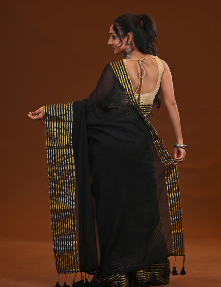Black Mulmul Cotton Saree With Gold Border